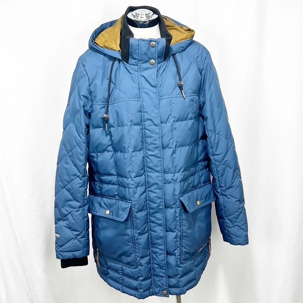 EDDIE Bauer Women’s Hooded 550 Goose Down Parka Teal Navy Blue size Xl